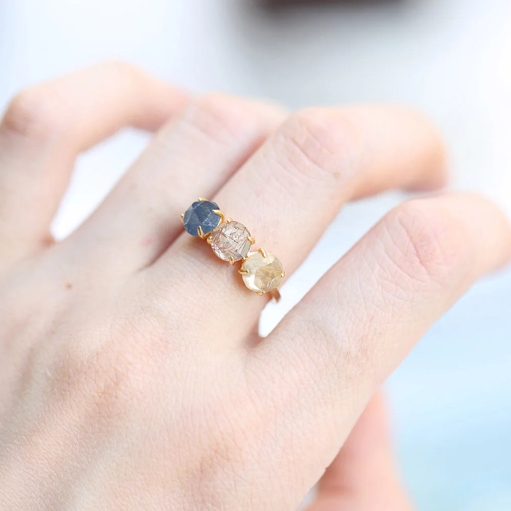 LAMOON  925 Silver Ring For Women 3 Color Natural Quartz Rutilated 14K Light Gold Plated Fine Jewelry Crystal Ring LMRI160