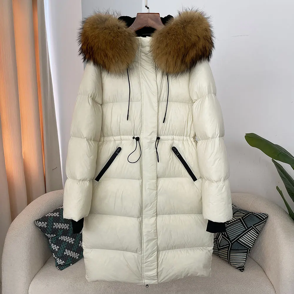 2024 Winter New Slim Warm Jacket Female Casual Fashion White Duck Down Real Fox Fur Real Raccoon Fur Long Hooded Coat Women