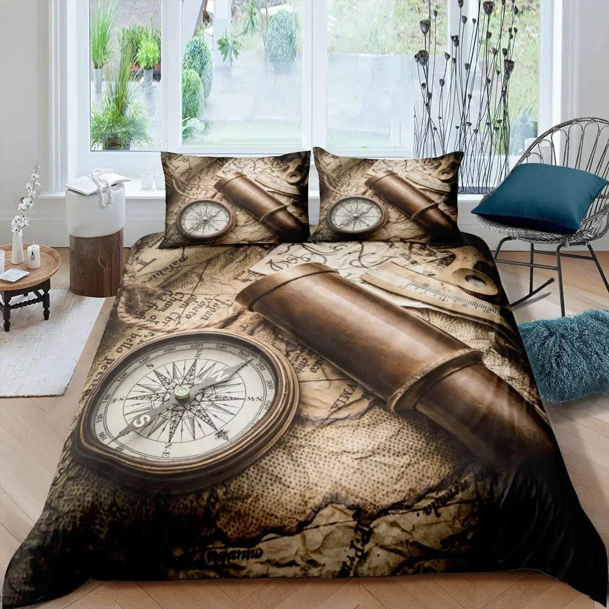 

Compass Telescope Duvet Cover Set Navigation Theme Polyester Comforter Cover King Queen Size For Kids Boys Girls Bedding Set