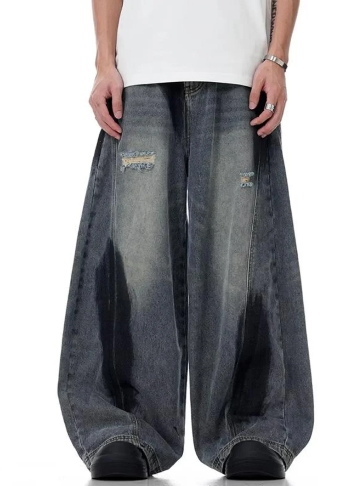 

Retro Spray Painted Loose Fit Men's Jeans High Waist Wide Leg Pants Distred Knife Long Trousers Casual Sle