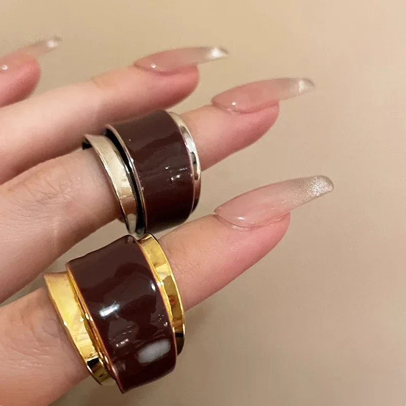 Anéis de esmalte esmaltados para mulheres, joias modernas, metal, camada dupla, chocolate, anéis abertos, estilo retrô simples, acessórios de dedo, presentes