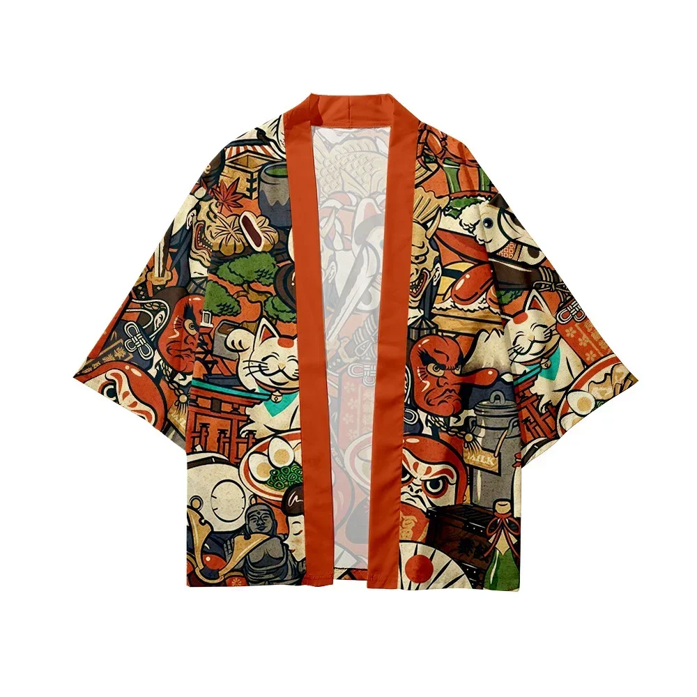 Ropa de calle cárdigan con estampado de gato samurái demonio, kimono tradicional para mujer y hombre, top yukata de playa japonesa Harajuku