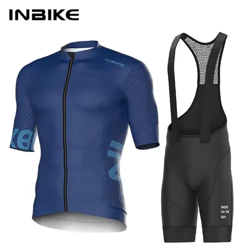 Imagen 1 del producto INBIKE-Camiseta de ciclismo para hombre, pantalones cortos para bicicleta de carretera, pantalones cortos de manga corta con cremallera completa, conjunto de Jersey de ciclismo transpirable para verano