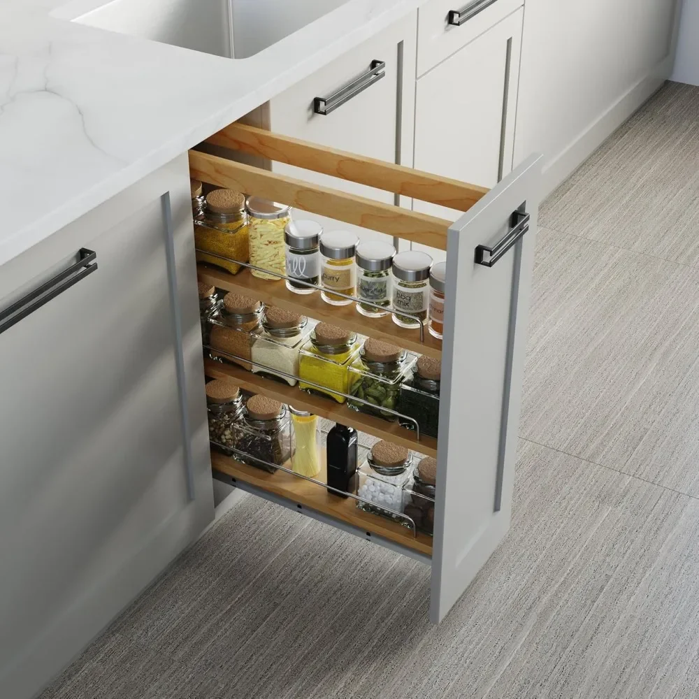 5" Base Pull-out Spice Organizer with Adjustable Shelves for Base Kitchen Cabinet, Bottom Mounted Soft Close Slides