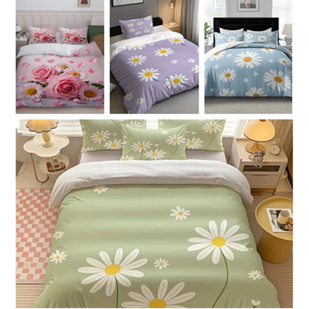 3Pc Marguerite Daisy Duvet Cover Set, Three-Piece Bedding Set (1 Duvet Cover + 2 Pillowcases), Suitable for All Seasons, Machine Washable, Invisible Zipper Design, Large Double Bed Cover Set, Suitable for Home, Dormitory, Master Bedroom, Guest Room, Ins-Style Japanese Floral and Animal Pattern Bedding, Specially Designed for Comfort and Skin-Friendly Bedding, Bedroom Decoration and Sleep Essentials, 2D Flat Print