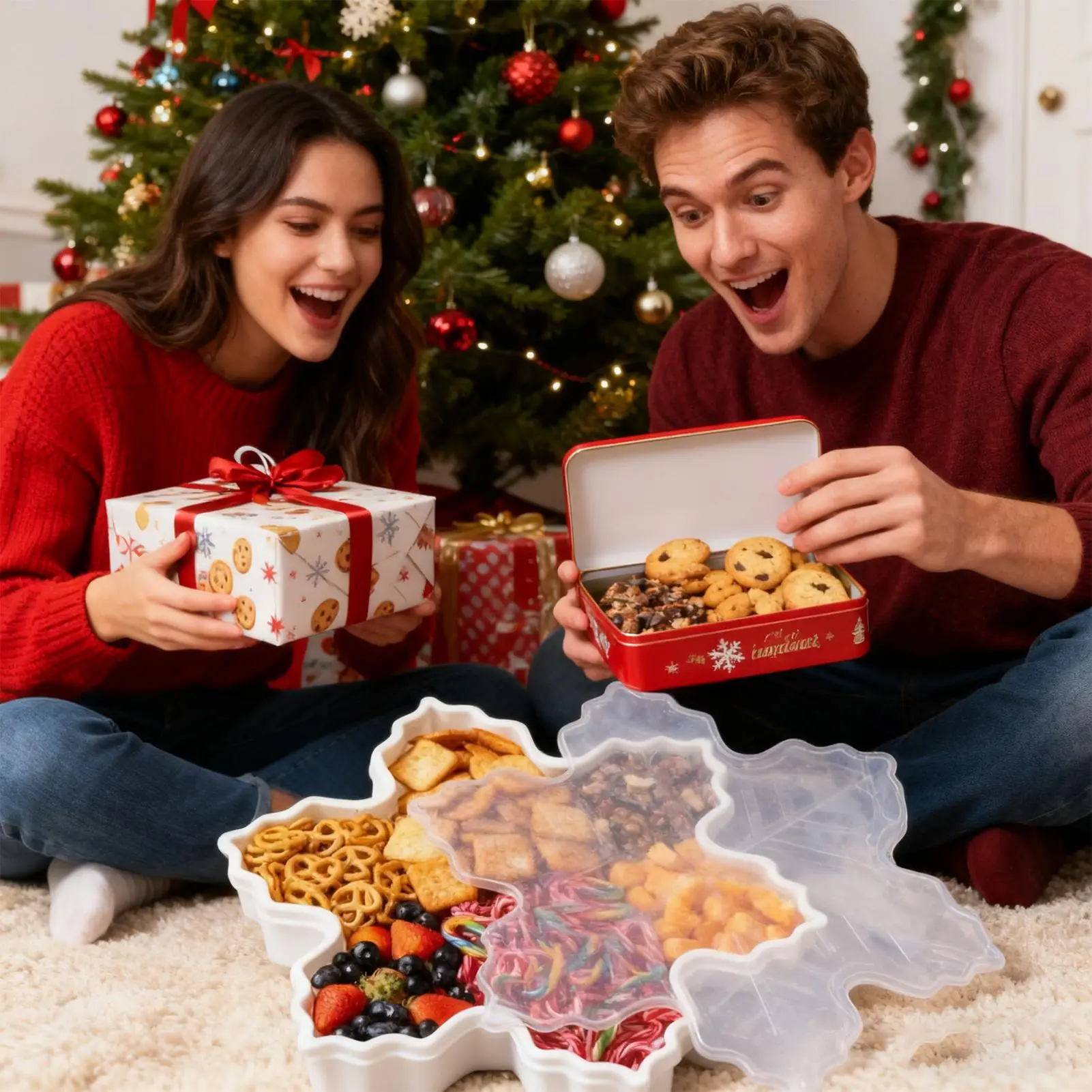 Bandeja de aperitivos navideña, organizador de alimentos, bandeja para servir, platos de aperitivos navideños portátiles para golosinas, nueces, frutas, palomitas de maíz, postre