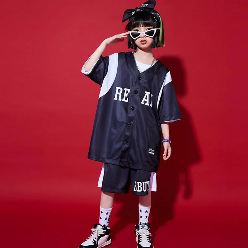 Kids kpop Hip Hop Navy Blue Baseball Cardigan Shirt Tops Casual Shorts for Girls Boys Jazz Dance Costume Set Outfits Clothes