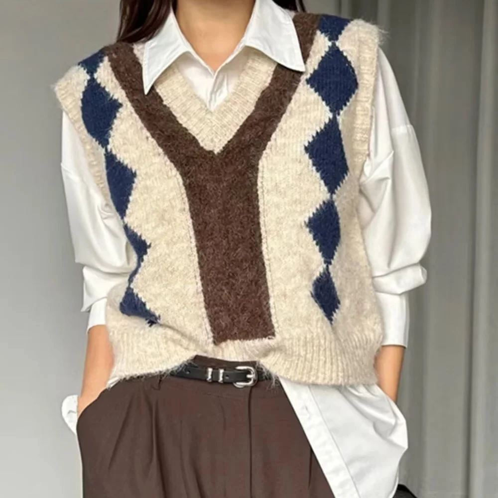 

2025 V-образный вырез, геометрический клетчатый вязаный свитер без рукавов, жилет, женский жилет, пуловер, свитер, майки в корейском стиле