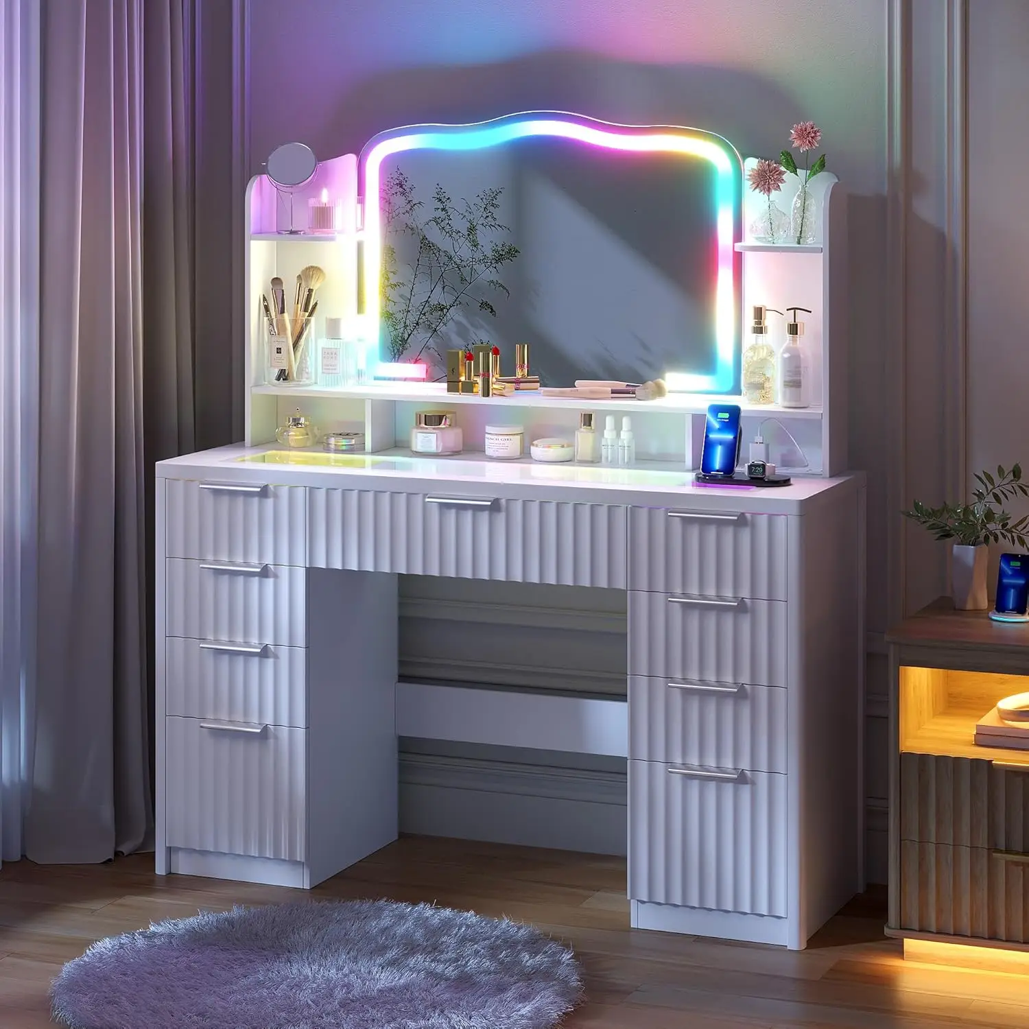 

Makeup Vanity with Large Storage & RGB Lighting, with 9 Drawers, Jewelry Organizer,Open Shelves & Charger Station,Dressing Table