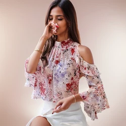 Spring O-neck Blouses and Tops Fashion Butterfly Half Sleeve Chiffon Women Clothing Elegant Off-shoulder Floral Shirt 5388 50