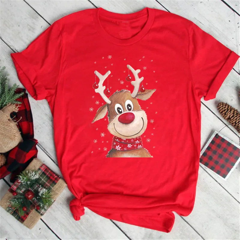 

Christmas Santa Bear Truck Print Ladies Red T-shirt Short Sleeve Graphic T Shirts Tops Women Clothing Aesthetic Clothes