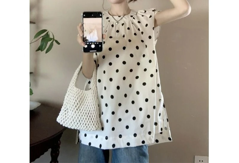 

Summer Sweet Polka Dot Design Split-ended Medium and Long Short-sleeved Shirt Women's Loose Top