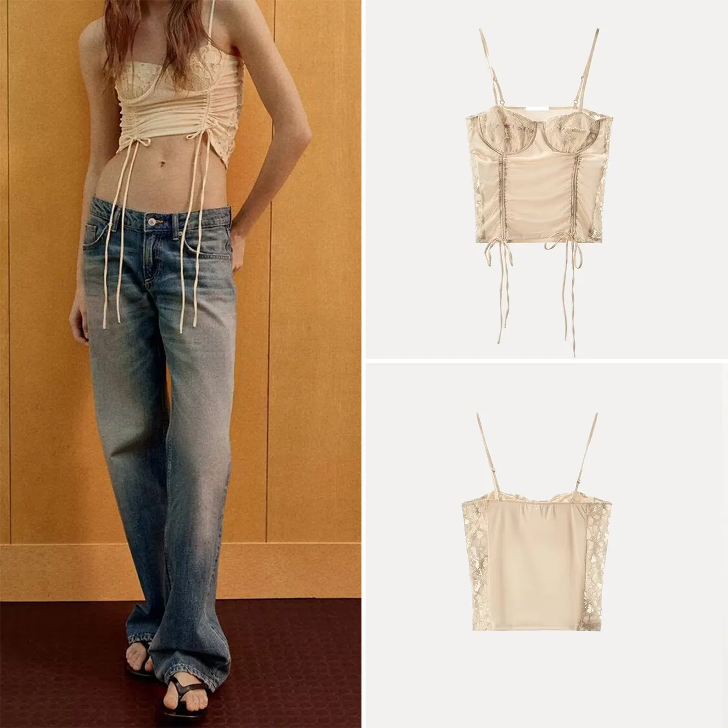 

Women's Lace Trim Close-Fitting Strap Top Heart Collar Splicing Design Spring 2026 New Arrival ZADATA Brand Short Length