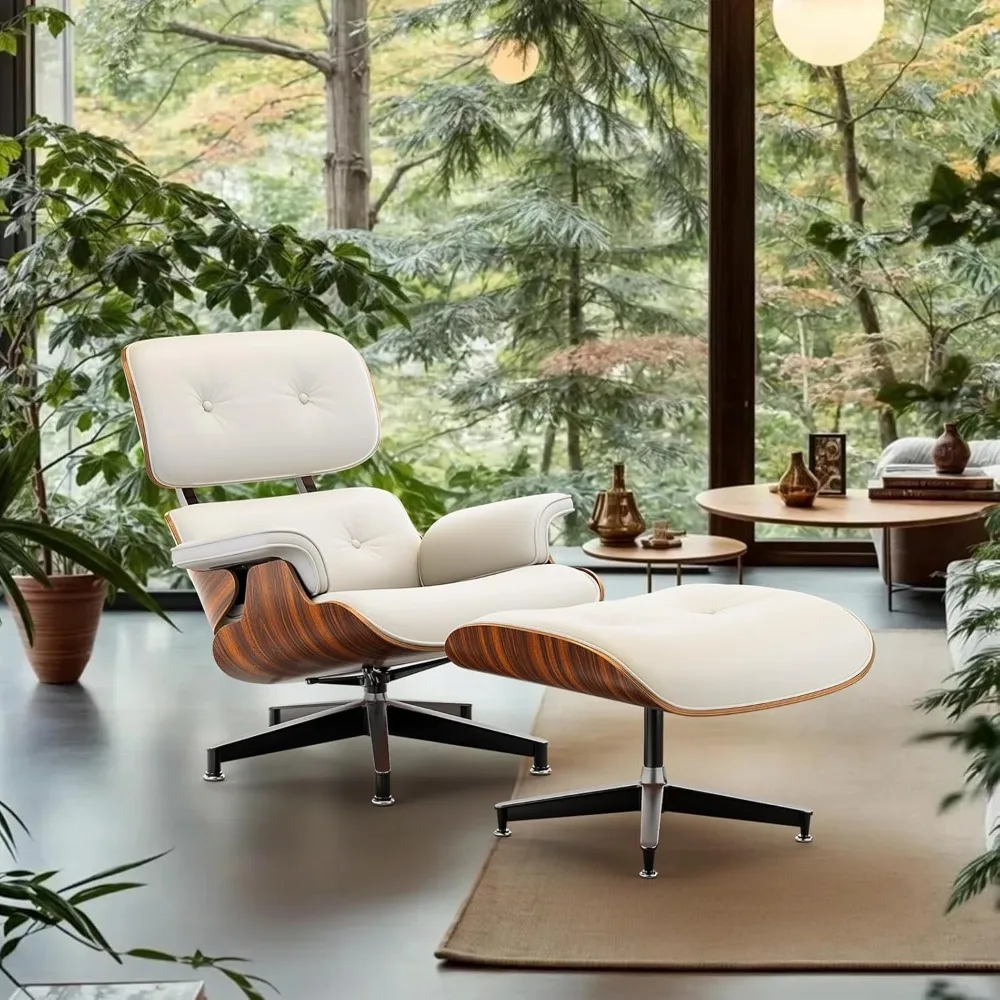 เก้าอี้พักผ่อนและออตโตมันสไตล์มิดเซ็นจูรี่ หุ้มด้วยหนัง PU สีขาวคุณภาพสูง ดีไซน์คลาสสิกทันสมัย โครงไม้ปาลิแซนเดอร์ ฐานแข็งแรงทนทาน