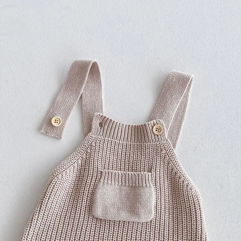 2024 Baby Rompers New Autumn Infant Girls Overalls Solid Color Pocket Shoulder Strap Pants Toddler Cotton Knitted Jumpsuit 0-3T