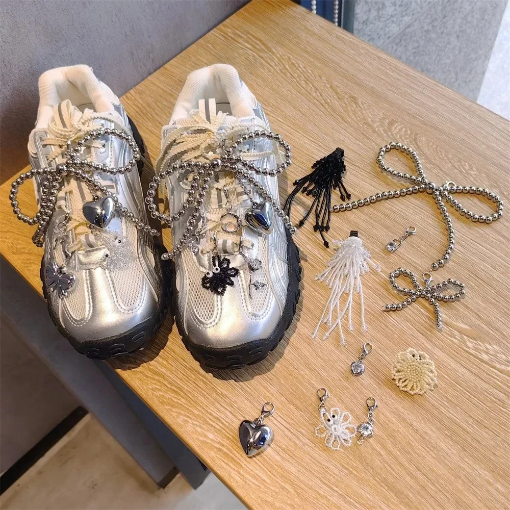 New Shoelaces Charms for Sneakers Fashion Silver Pearl Bow Pendant Gemstone Shoe Decorations Buckle Girl Heart Shoe Charm 1PCS