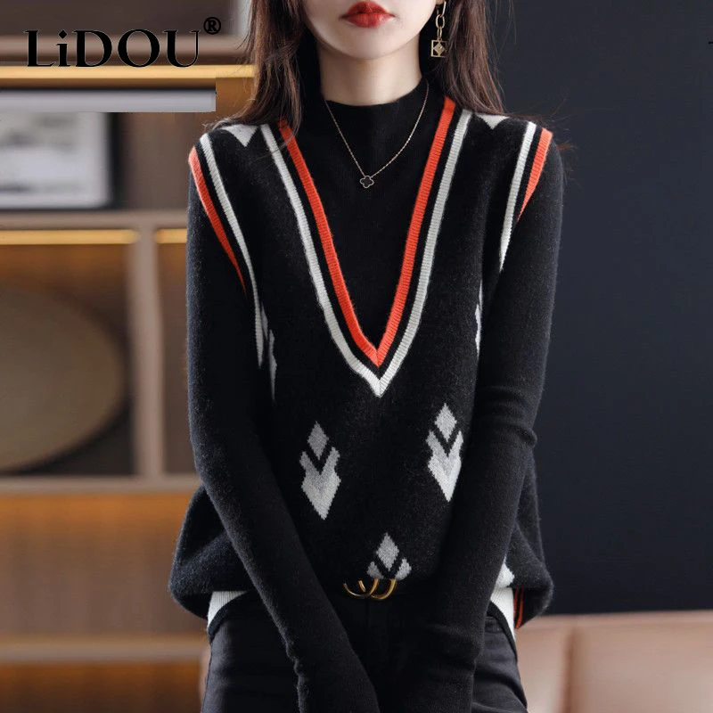 

Autumn Winter Korean Style V-neck Loose Casual Sweater Vest Women Fashion All-match Knitting Pullover Tank Top Female Clothes