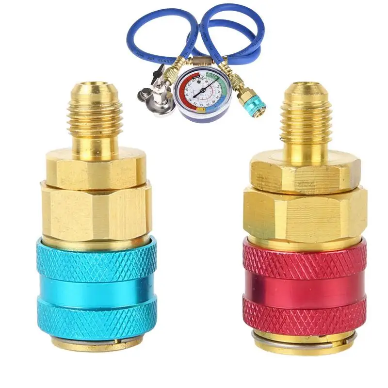 R1234YF/R134A Auto Car Quick Coupler Connector Brass Adapters Air Conditioning Refrigerant Adjustable AC Gauge 2PCS