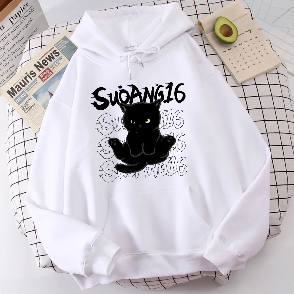 Cute Cartoon Black Cat Print Hoodie Suoang16 Letter Graphic Women \'s Sweatshirts Harajuku Unisex Casual Hooded Pullover Clothes