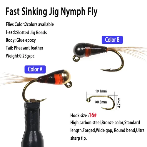 Imagen 2 del producto Wifreo 8 piezas 16 # Plantilla ranurada con cabeza de cuentas Perdigon Ninfa anzuelo de púas hundimiento rápido Euro moscas trucha Steelhead cebos de señuelo de pesca
