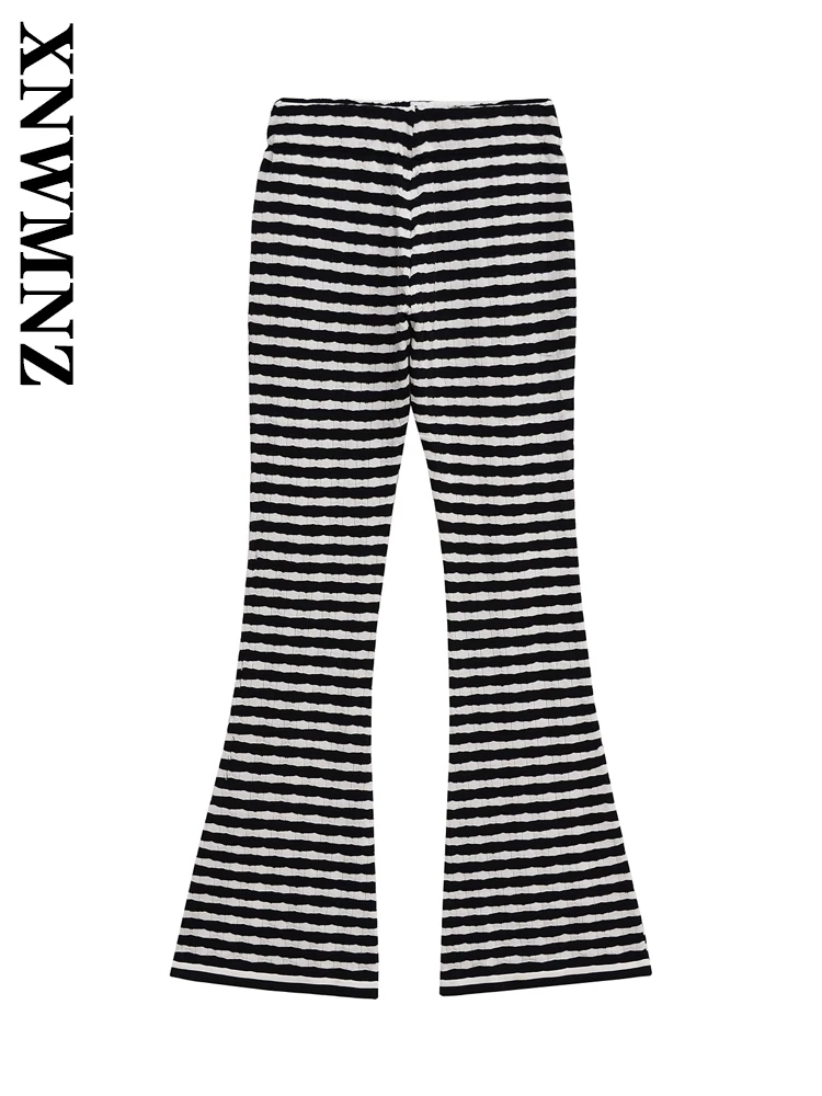 XNWMNZ 2025, Frühjahr Neue Frau Einfache Urlaub Jacquard Hohe Taille Club Dame Böden Chic Gestreiften Lange Hosen