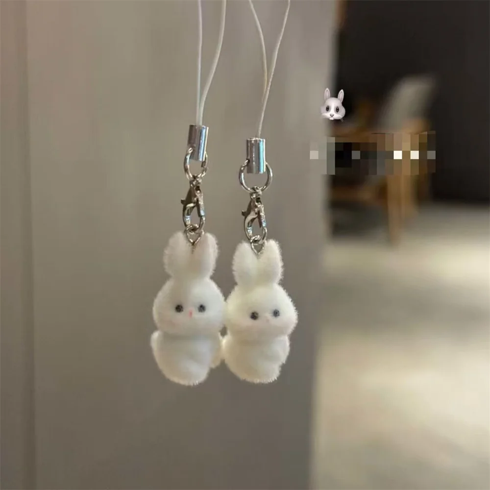 Resin Flocking Mobile Phone Chain Cartoon Cute Little Rabbit Dog Keychain Car Pendant Bag Hanging Decorations Give Friends Gift
