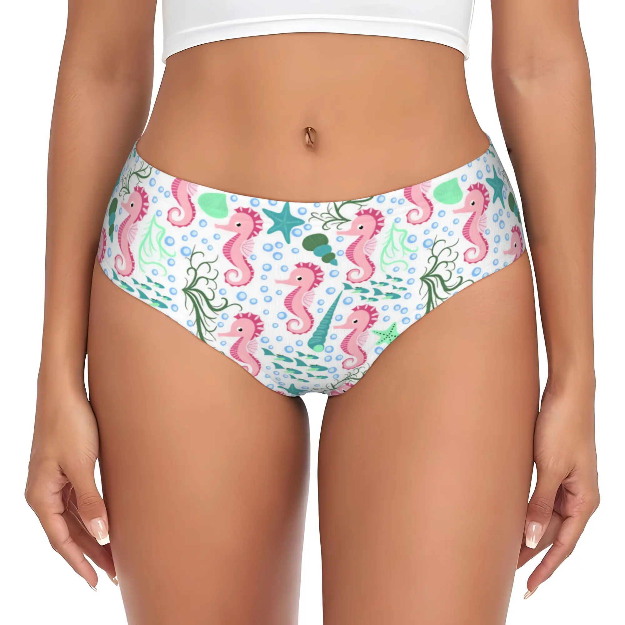 Women's Marine Life Jellyfishes Turtles Brief Panties Female Stretch Starfishes Pufferfishes Underwear Underpants