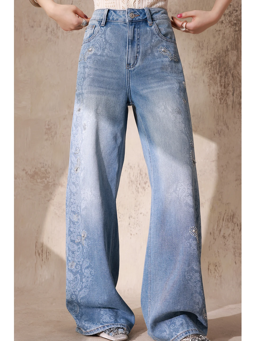 

Persian Flavored High Waist Cotton Jeans with Button Closure Embroidered with Nut Flowers And Beads Straight Leg Fit for Ladies