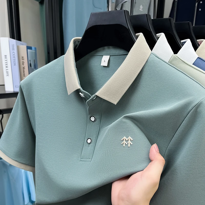Designer-Marken-Poloshirt aus Seide und Baumwolle kurzärmelig Sommer neu koreanischer Casual-Stil Herren-T-Shirt modisch geprägt weich atmungsaktiv