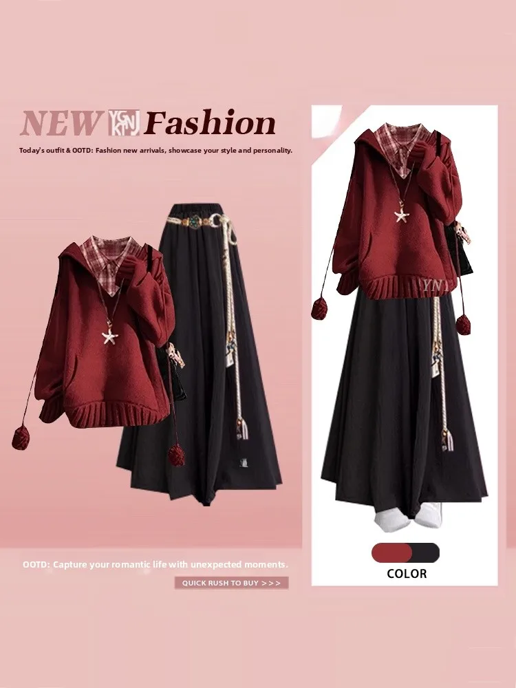 

Red Knitted Sweater Women's Winter Faion Ensemble Vintage Preppy Sle Luy Year Tee-Piece Set High-End Feel Student Uni...