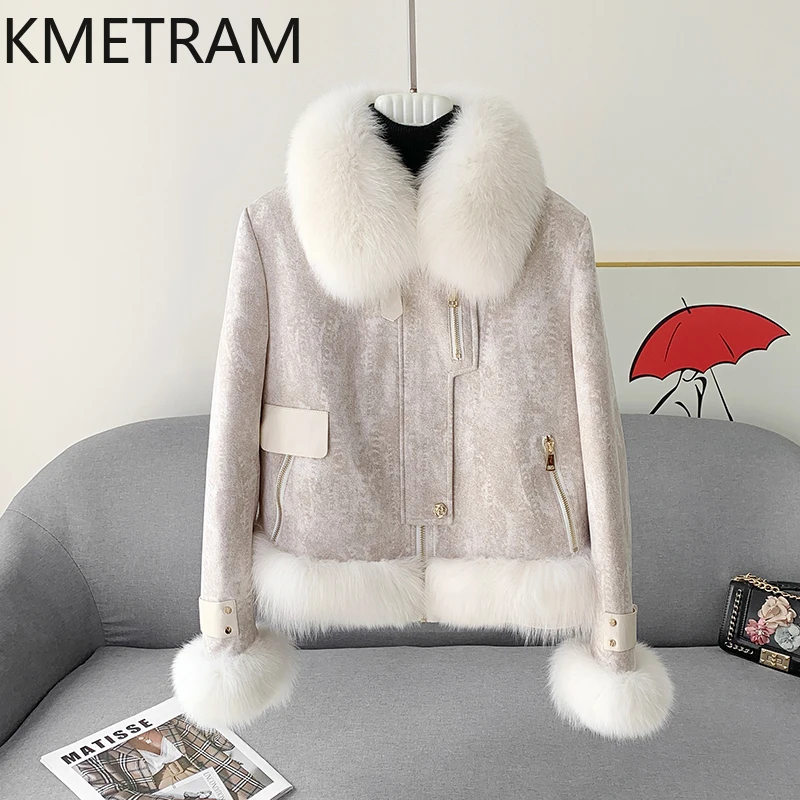 KMETRAM 100% フォックスファーカラー付き割引ファーコート（女性用）-日常着に最適-耐久性があり、スリム効果あり-2025年冬 шуба женская
