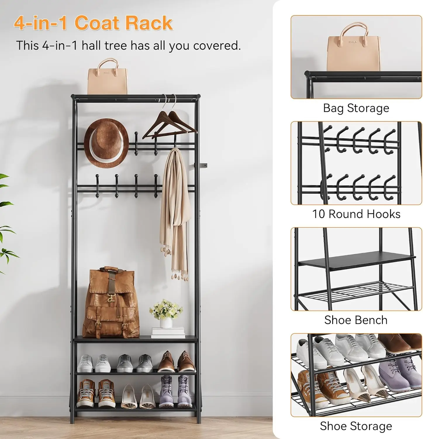 Coat Rack Hall Tree with Shoe Storage Bench, 4-in-1 Entryway Organizer Featuring 5/10 Hooks and 3 Tier Shoe Rack, Durable Metal Frame, Freestanding Storage Unit for Hallway view 5