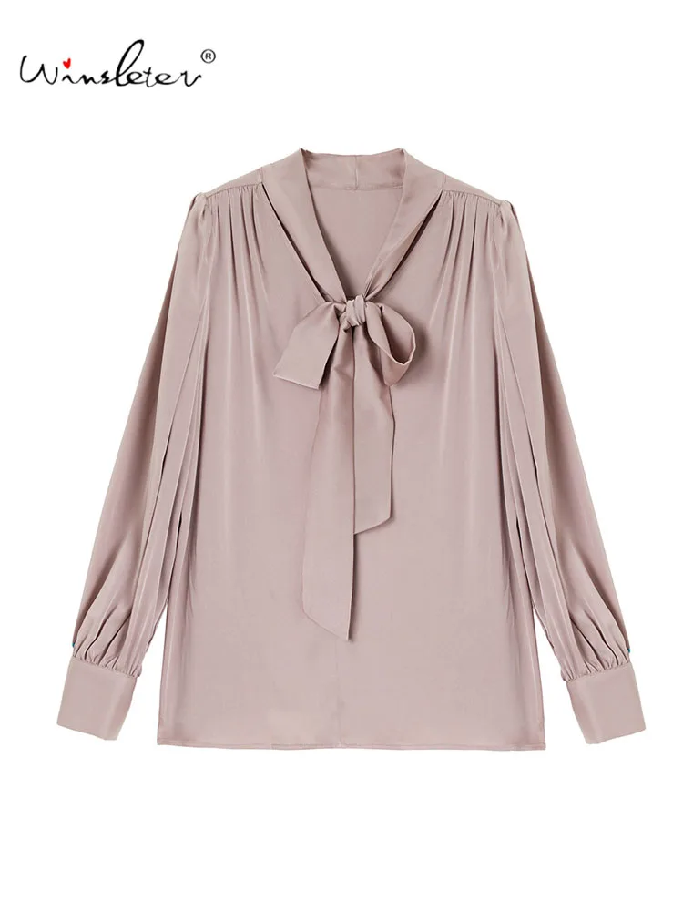 

Winsleter-19MM 92.3% Silk 7.7% Spandex Elegant Shirt, V Neck Bow, Women French Temperament Commute Blouse, 2025 Autumn T59261CC