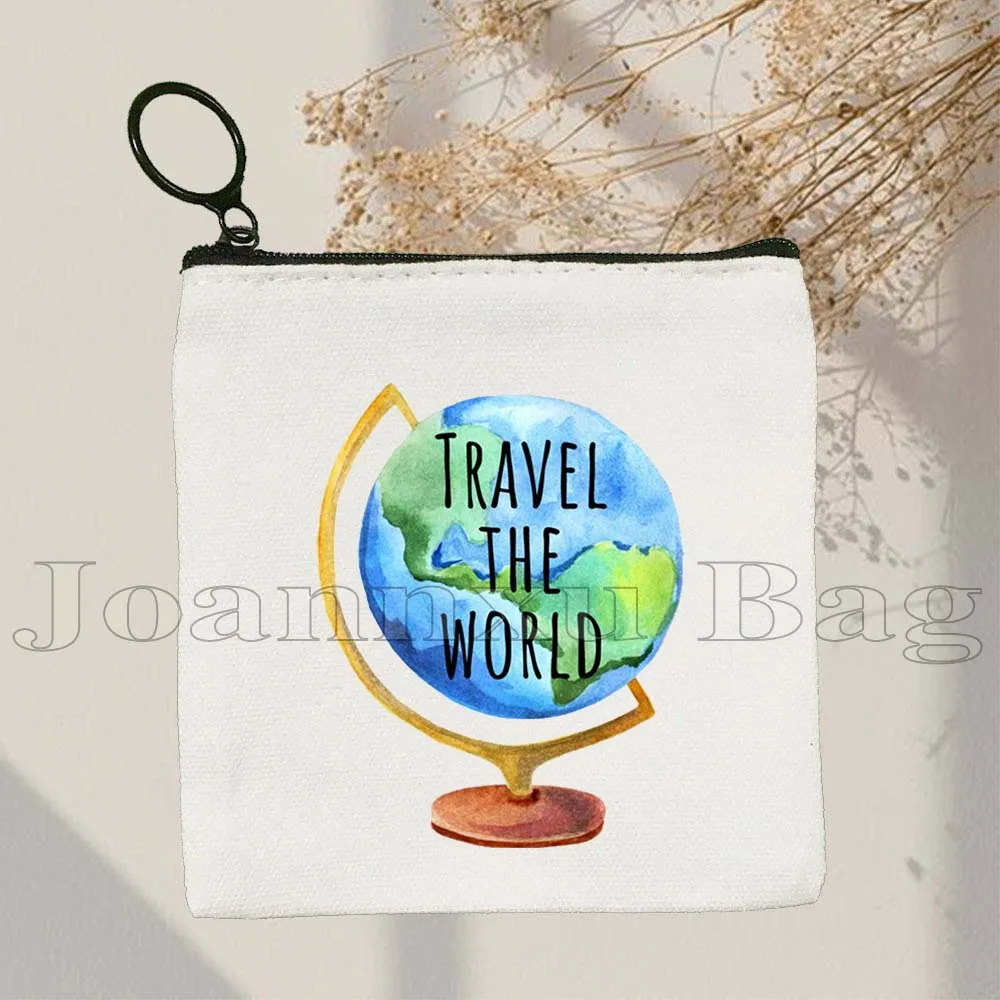 ดูแผนที่โลกสีชมพูความงาม Vintage Travel Plane Fly ผจญภัยชีวิตของขวัญสาวผ้าใบกระเป๋าเหรียญ Key กระเป๋ากระเป๋าสตางค์กระเป๋า
