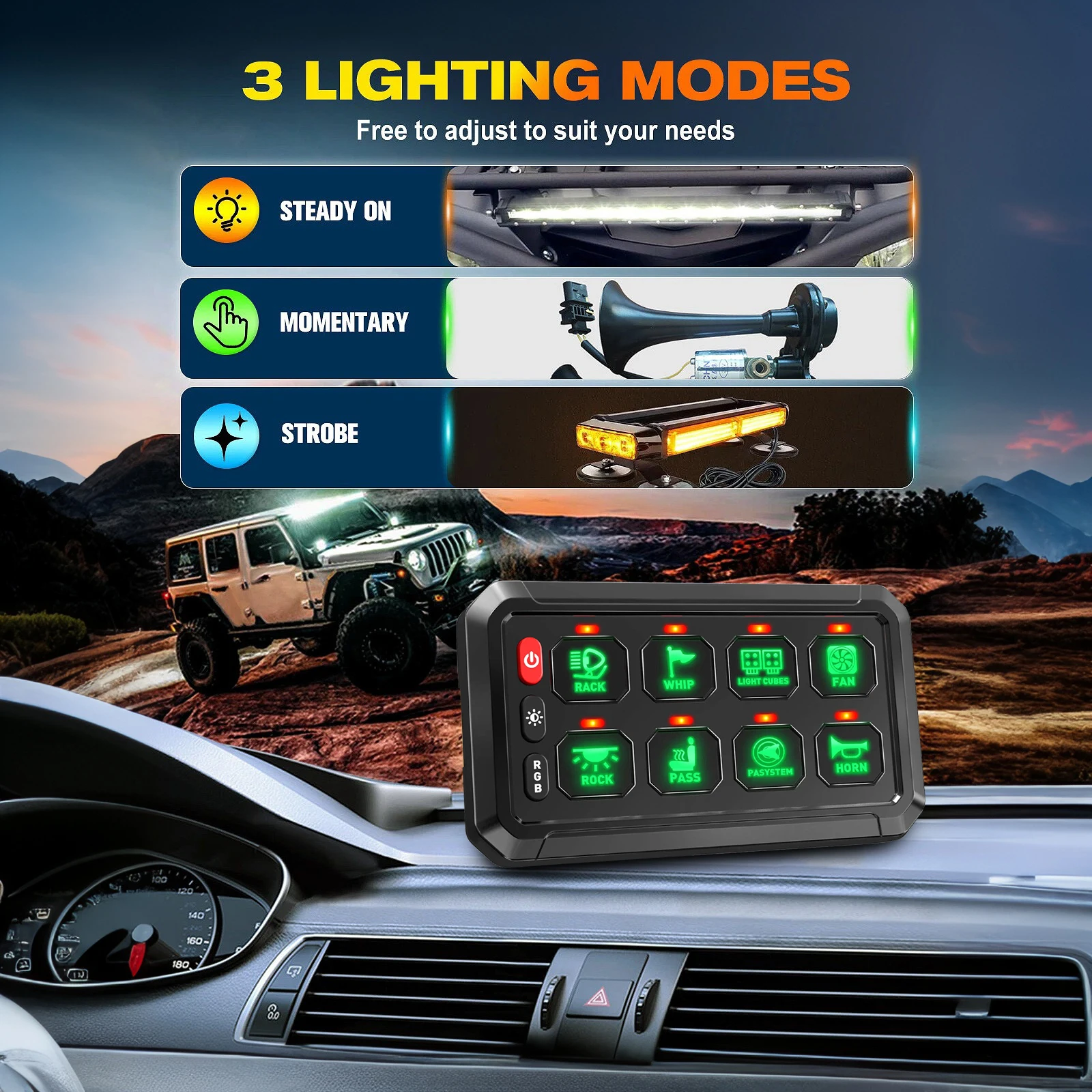 

8 Gang Switch Panel 12V On-Off LED Car Switch Panel RGB Dimmable Switch Panel for Car RV ATV SUV UTV Truck Marine