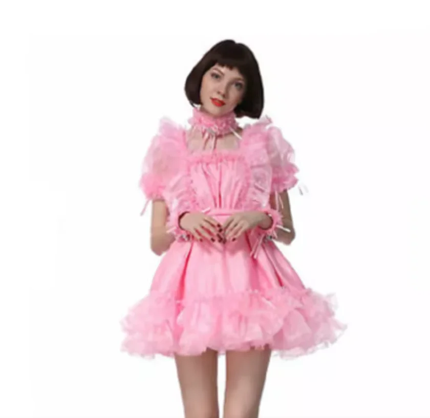 

New Hot Sale Maid Sissy Dress Square Neck Organza Shoulder Puffy Puff Sleeves Pink Corset Princess Dress Orange Cosplay Costume