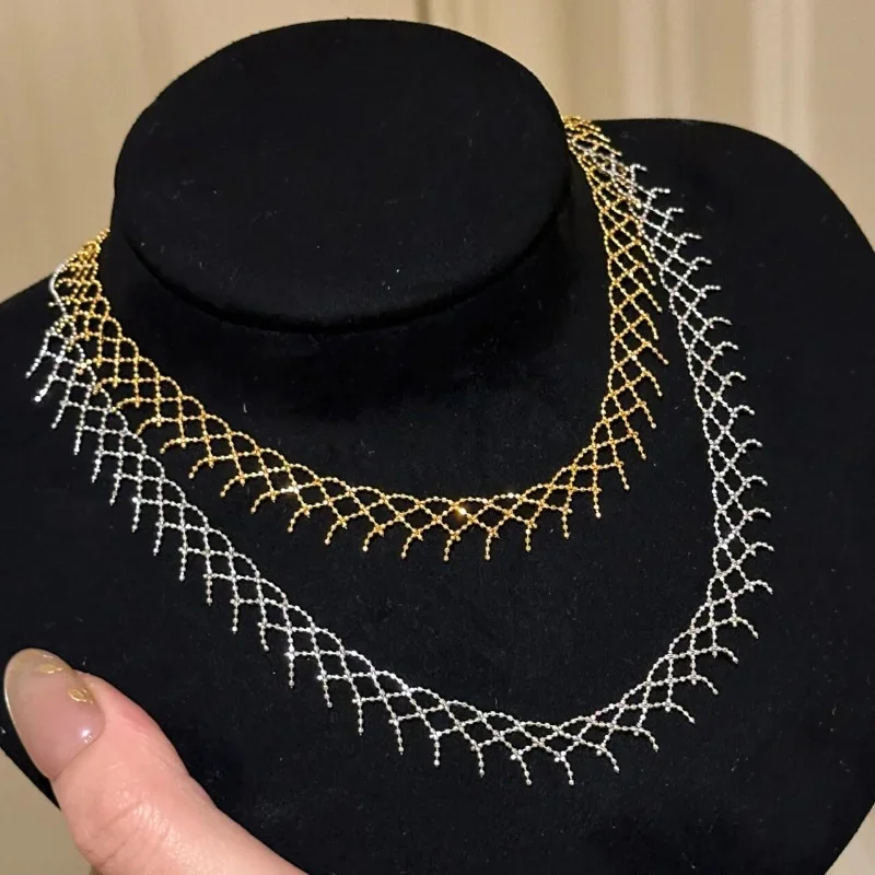 

Retro silver 925 Gorgeous Shiny Lace Bean Weaving Mesh Necklace Palace Style High Grade Stacked Style Chain Jewelry Gift