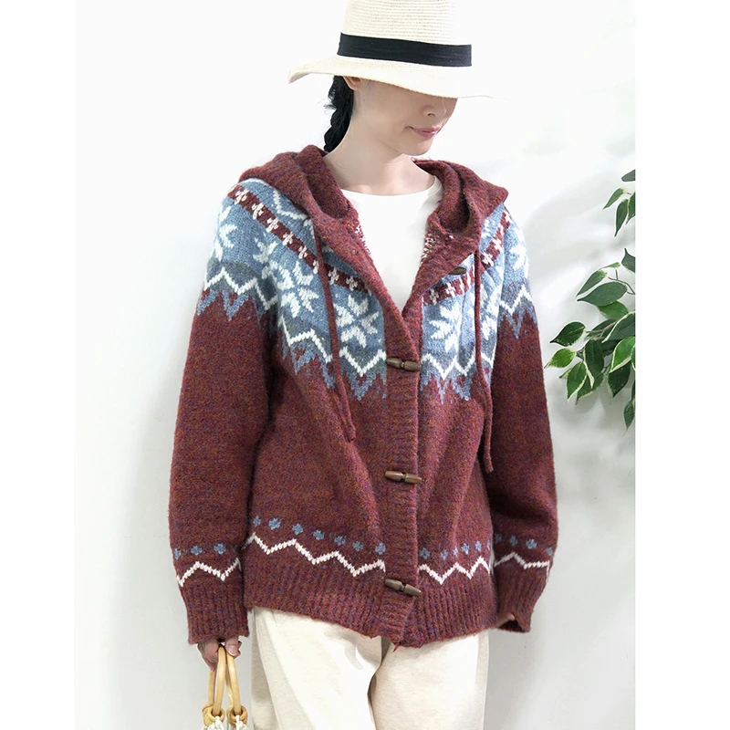 

2025 New Arrival Autumn/winter Loose Single Breasted Hooded Collar Vintage Cardigan Long Sleeve Women Knitted Sweater Y134