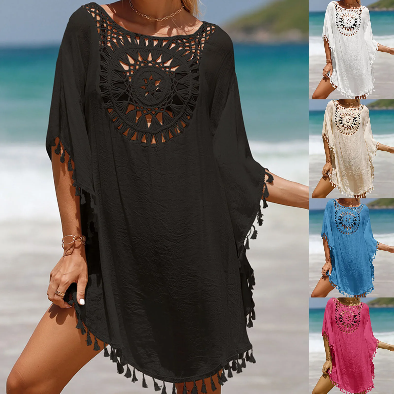 

Summer Women's Swimwear Cover Up Sexy Hollow Out Beach Short Dress Fashion Loose Solid Colour Tassel Sun Shirt Bikini Cover Ups