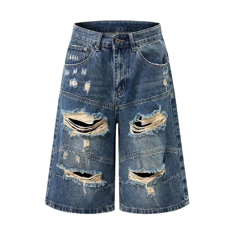 

Men's Summer Destroyed Short Jeans Fashion Ripped Denim Shorts With Holes Loose Fit Washed Vintage Distressed Jeans