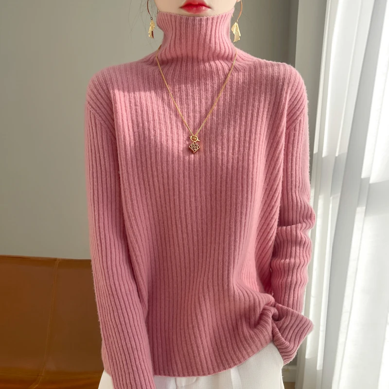 Suéter de lana merina de 100% para mujer, jersey de punto con cuello alto y rayas verticales, Top de punto informal de Cachemira gruesa para otoño e invierno