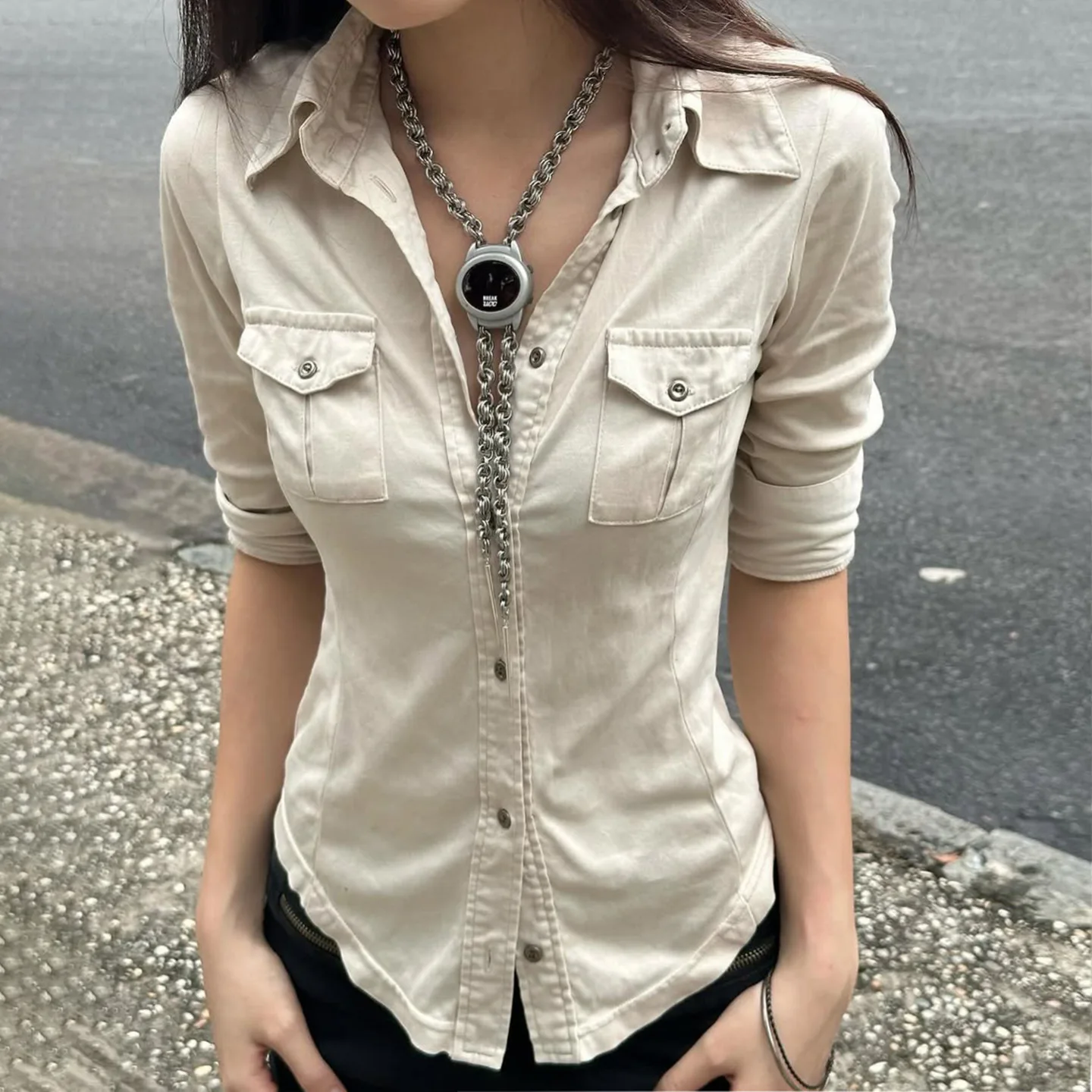 Vintage Damenhemd mit Einzelknopfleiste, Umlegekragen und Taschen, Y2K Overshirt für Frühling und Sommer, Streetwear-Hemden 2026