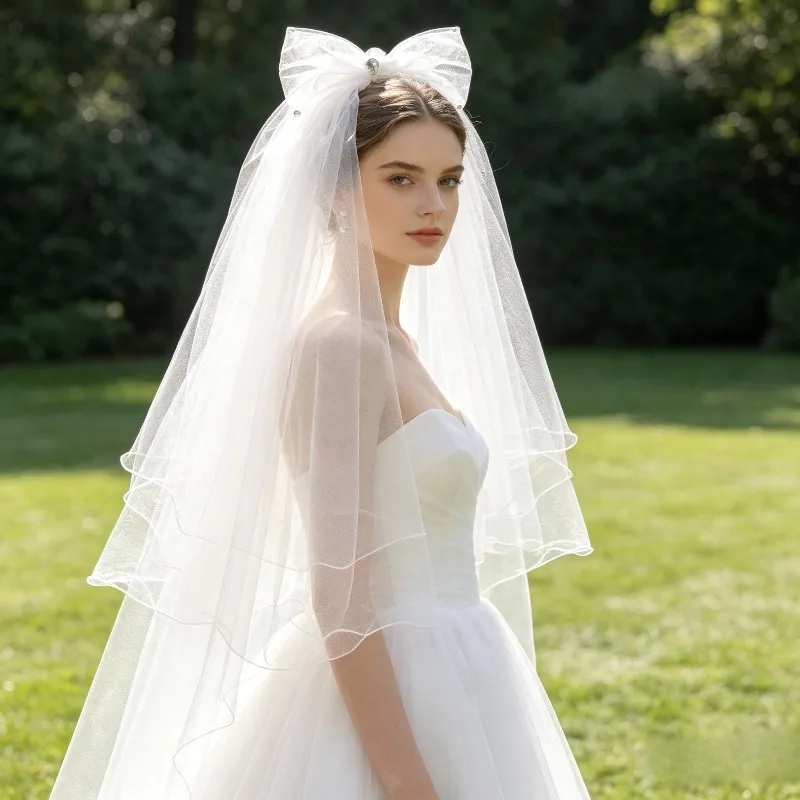 

White Bridal Blusher Veil Multi Layer Short Puffy Tulle Korean Style Sheer Veil for Wedding Photoshoot and Studio