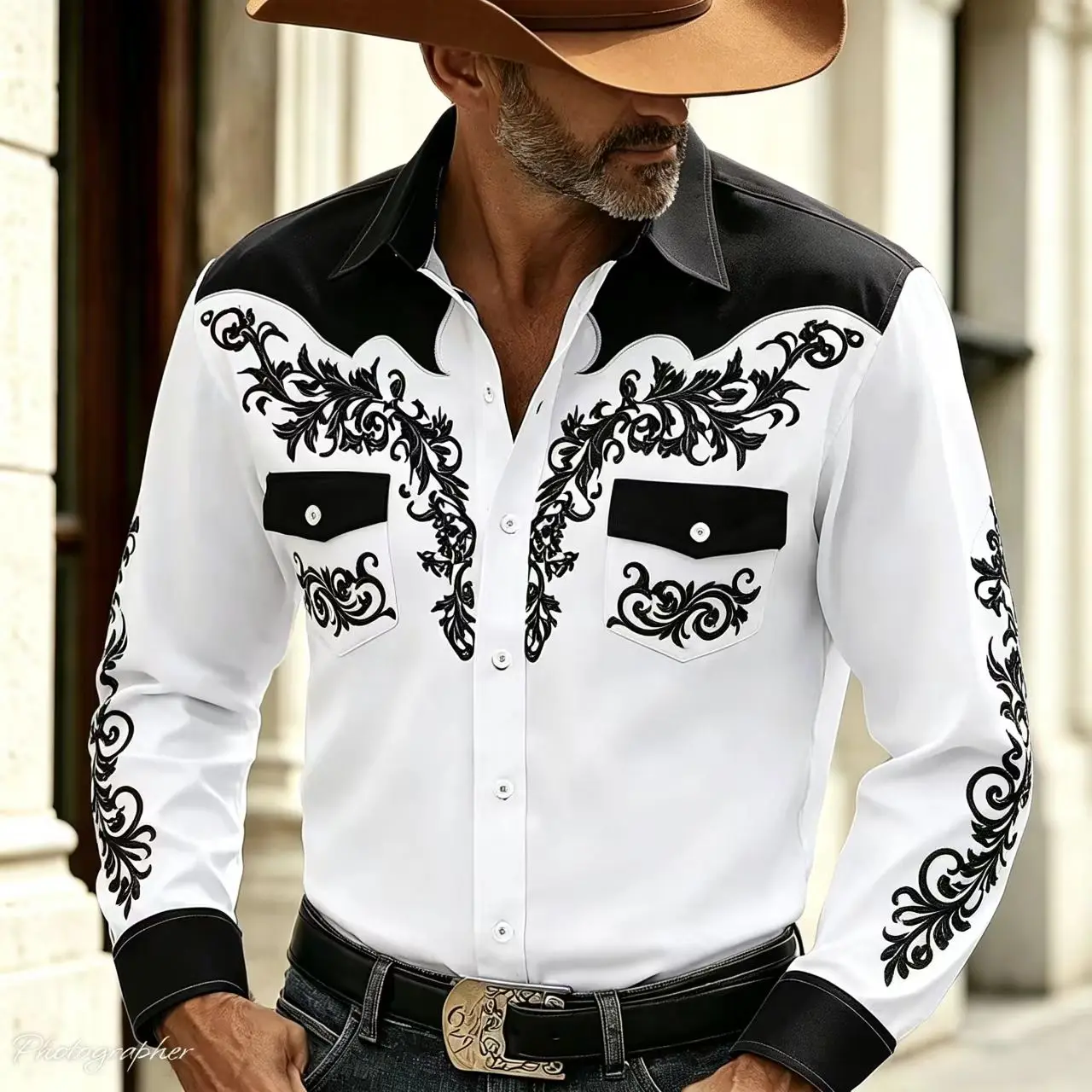 2026 New Men's Long Sleeved Shirt, 3D Printed Shirt, Western Denim Style, Double Pockets, Outdoor Casual Fashion Top