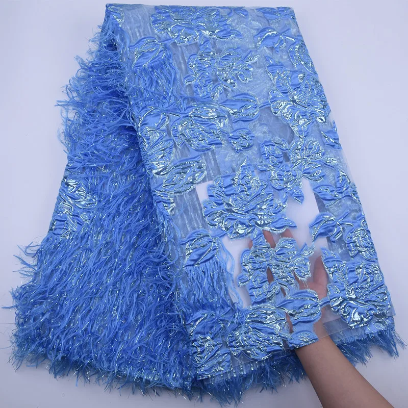 Latest Royal Blue French Tulle Lace Fabric Fluffy Feather Mesh Lace African Lace Fabric Embroidery For Wedding Dress