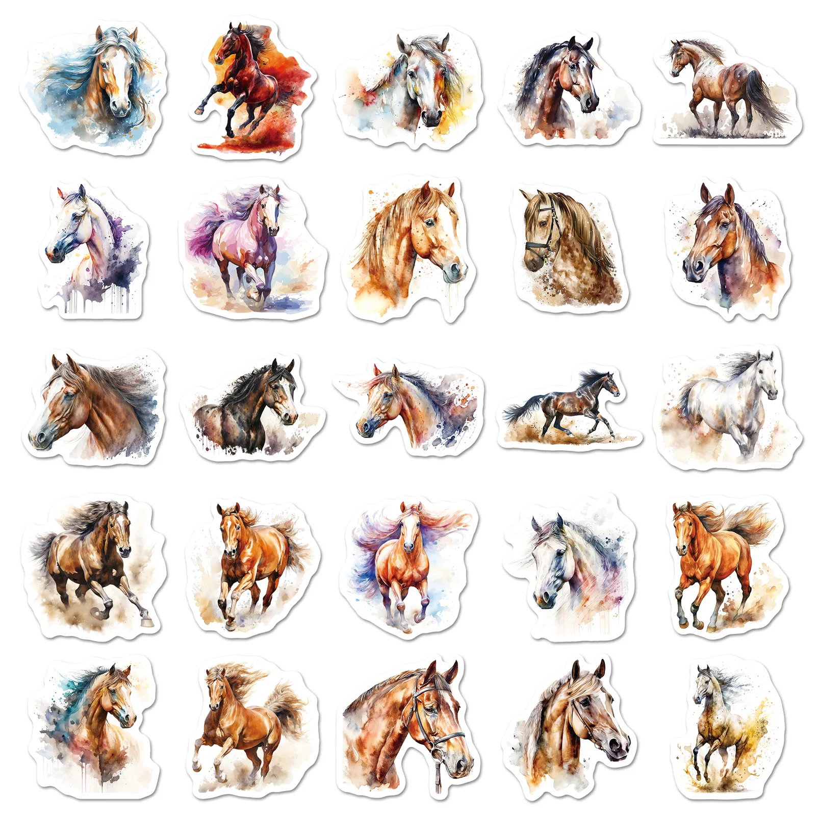 Autocollant cheval créatif aquarelle, 50 pièces, Animal de dessin animé peint, Graffiti, matériel pour manuel, autocollant d'ordinateur, nouveauté 2025
