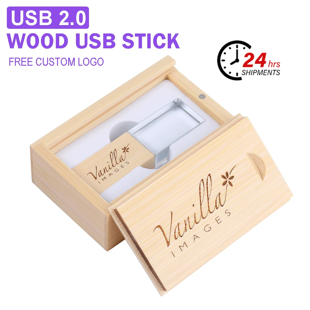 Fashion Crystal USB Flash Drive 128GB with Wooden Box Memory Stick 64GB Free Custom Logo Pendrive 32GB U Disk 16GB Creative Gift