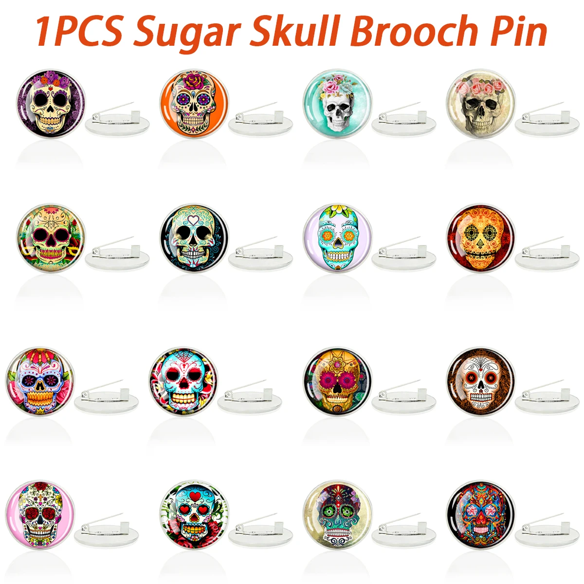 1PCS 25MM Round Glass Brooch Pins Sugar Skull Halloween Gothic Lapel Hat Pin Mens Day of the Dead Costume Party Festival Clothin