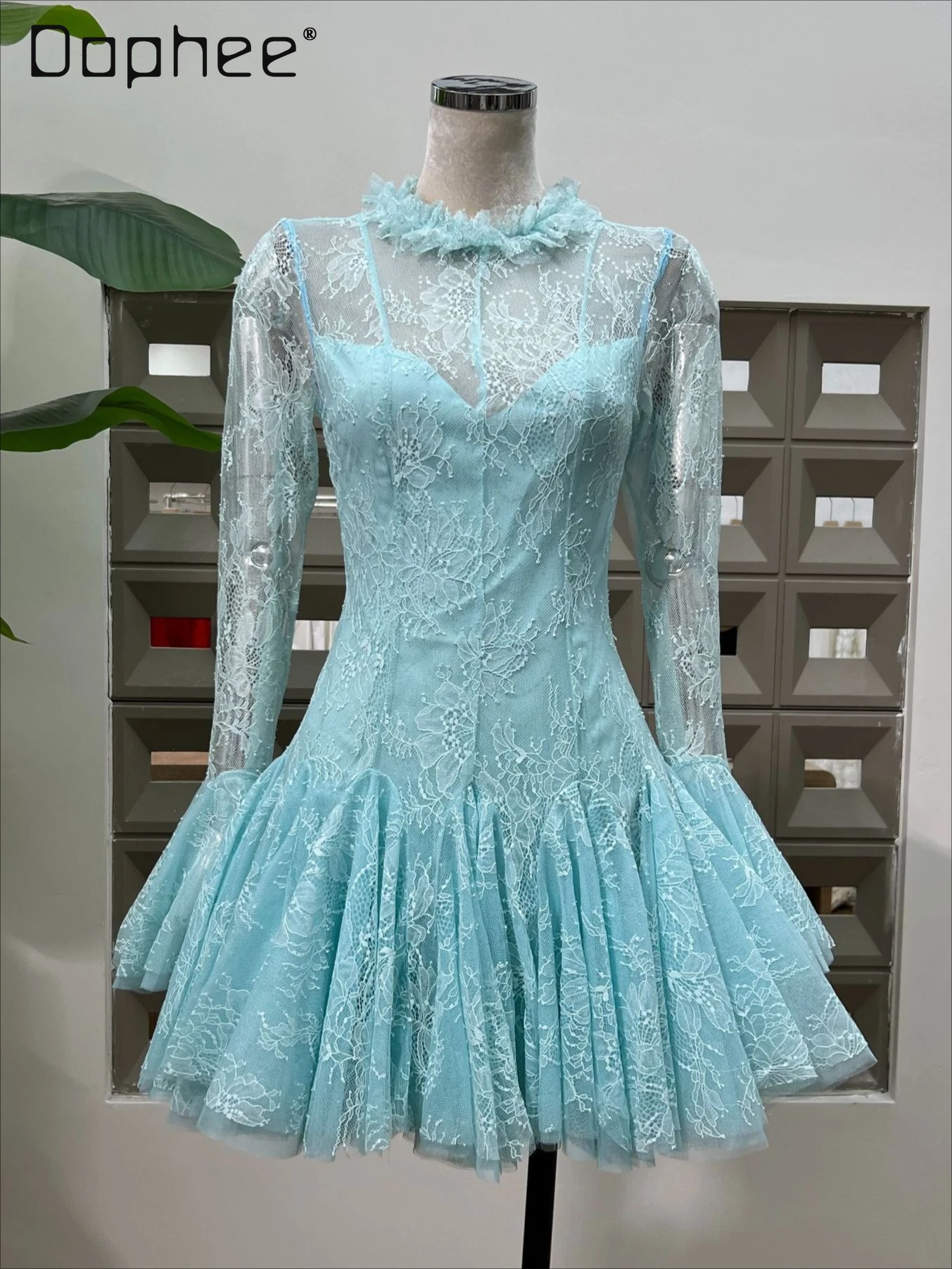 

French Celebrity Evening Dresses Birthday Dress for Women Lace Printed Flared Sleeve Leaf Edge Crew Neck Long Sleeve Tutu Dress
