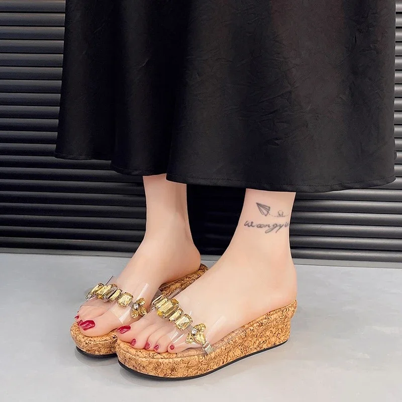 

Women's Round Toe Open Toe Rhinestone Platform Outside Platform Non-Slip Beach Shoes Flip-Flops Wedge Sandals and Slippers